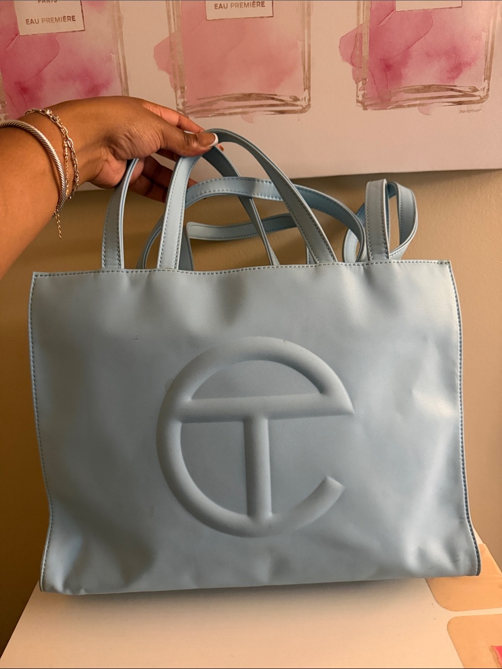 Telfar Light Blue Shopping Tote with Embossed Logo